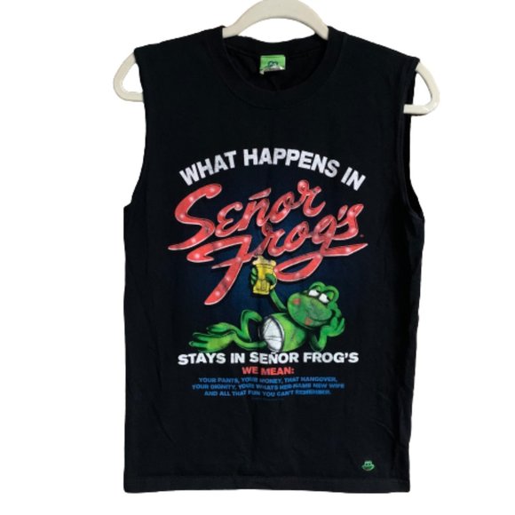 Senor Frog's Other - Men's Vintage Senor Frog's What Happens In Small Black 100% Cotton Tank Top EUC